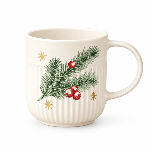 Cream ribbed pine and red berry mug concept on white background