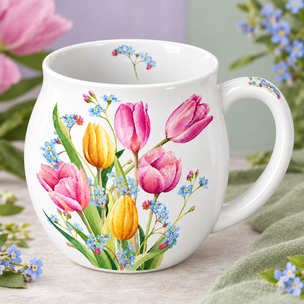 Detail of pink yellow tulips and tiny blue blossoms