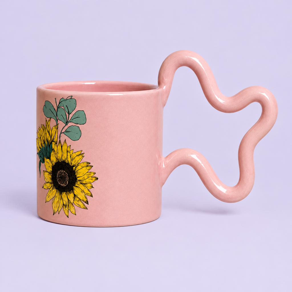 Side view emphasizing sculptural pink wavy handle