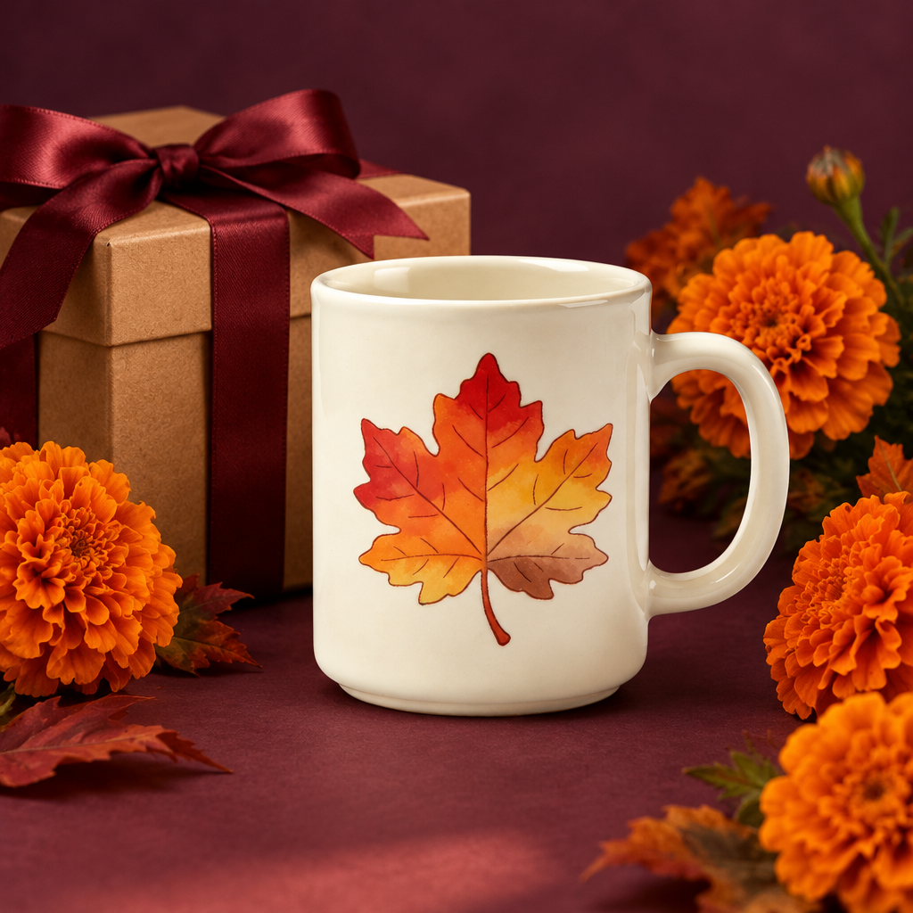 Maple leaf mug in an autumn gifting scene with decorative props