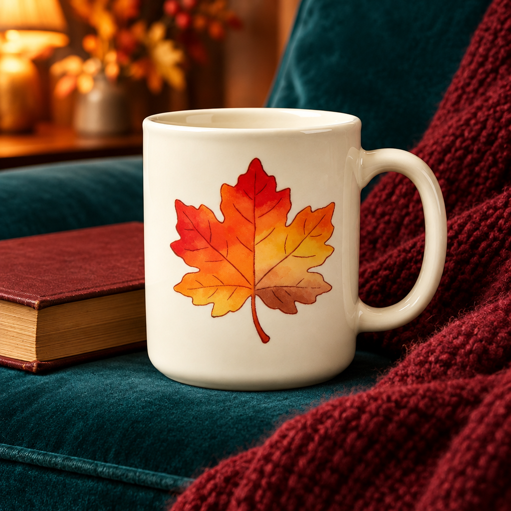 Maple leaf mug in a colorful cozy reading corner