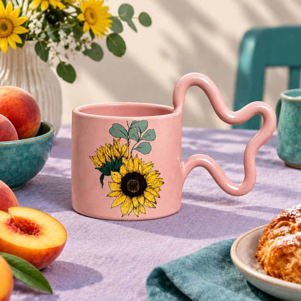 Pink sunflower mug concept on a vibrant breakfast table