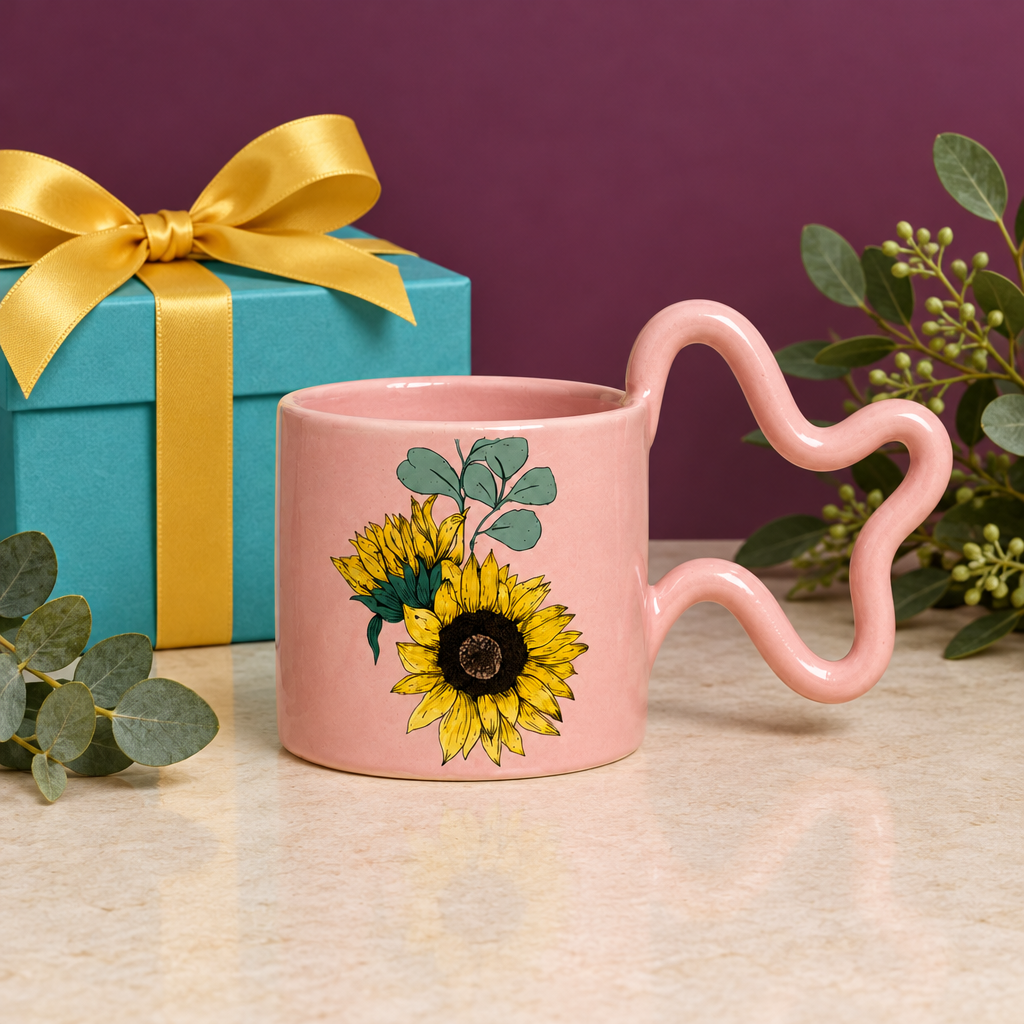 Sunflower mug concept beside separate decorative gift wrapping
