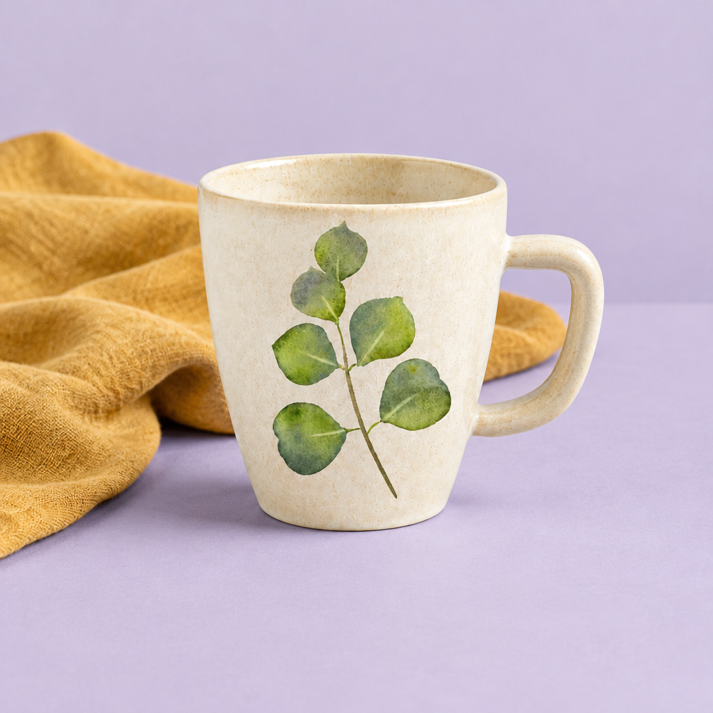 High angled view of cream mug rim interior and green leaf design