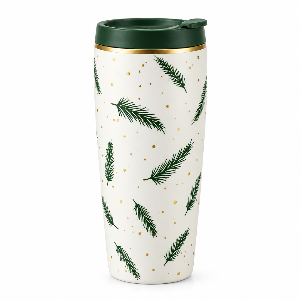 Pine and gold travel tumbler concept on a white background