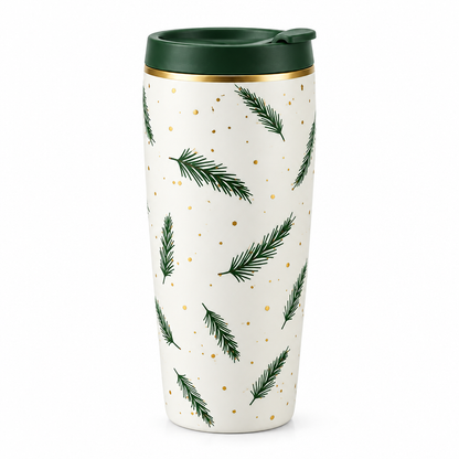 Pine and gold travel tumbler concept on a white background