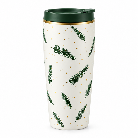 Pine and gold travel tumbler concept on a white background