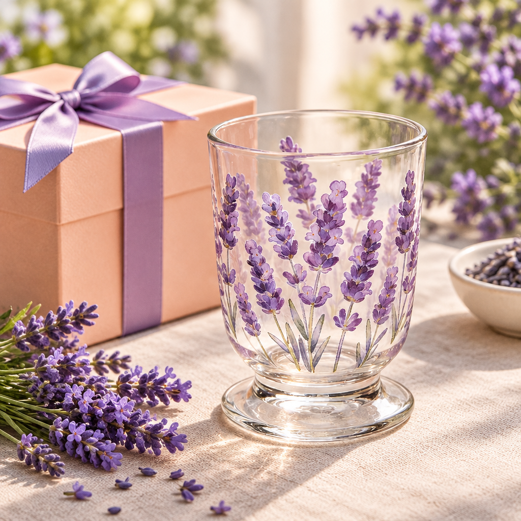 Lavender glass beside separate decorative gift wrapping