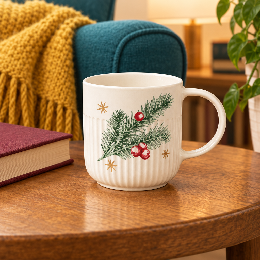 Pine and berry mug concept in a colorful reading corner
