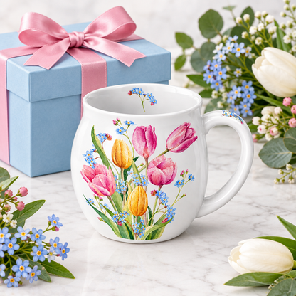 Tulip mug concept beside separate spring gift wrapping
