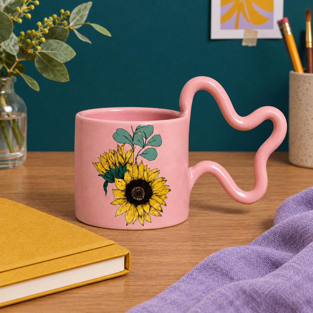 Pink sunflower mug concept on a colorful creative desk