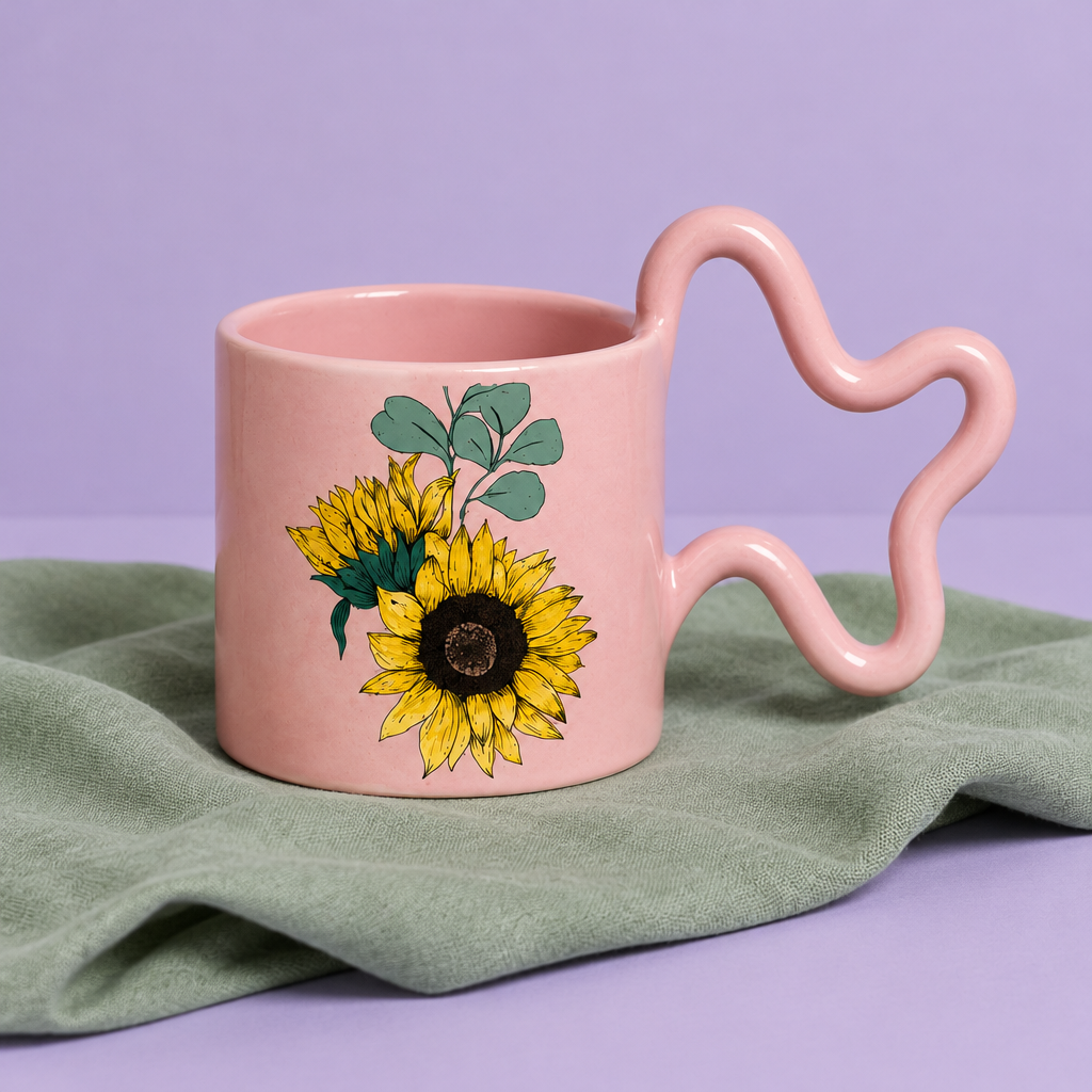 High angled view of pink interior rim and wavy handle