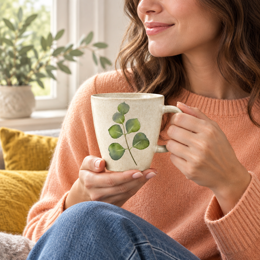Woman holding botanical cream mug beside a window