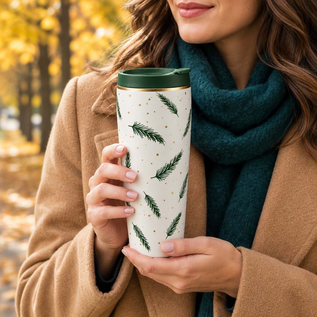 Woman holding pine tumbler concept upright outdoors