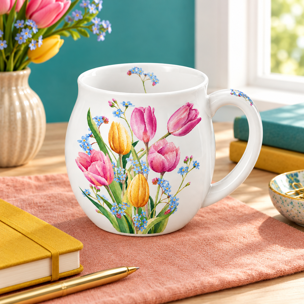 Floral mug concept on a colorful creative desk