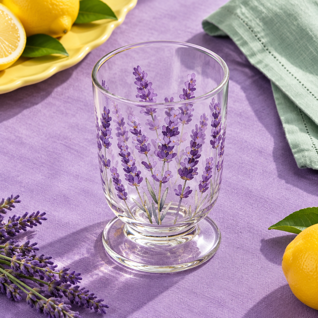 Angled overhead view of lavender glass rim and footed base