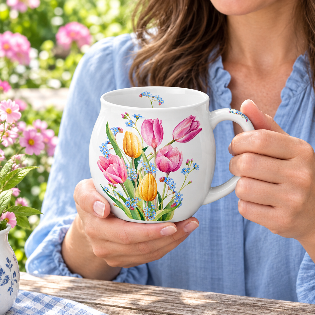 Woman holding rounded floral mug at a garden table