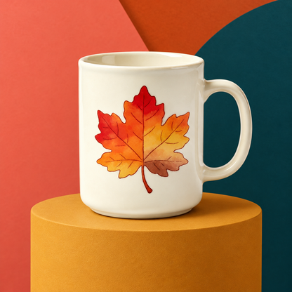 Maple leaf mug in a vivid orange and teal studio composition