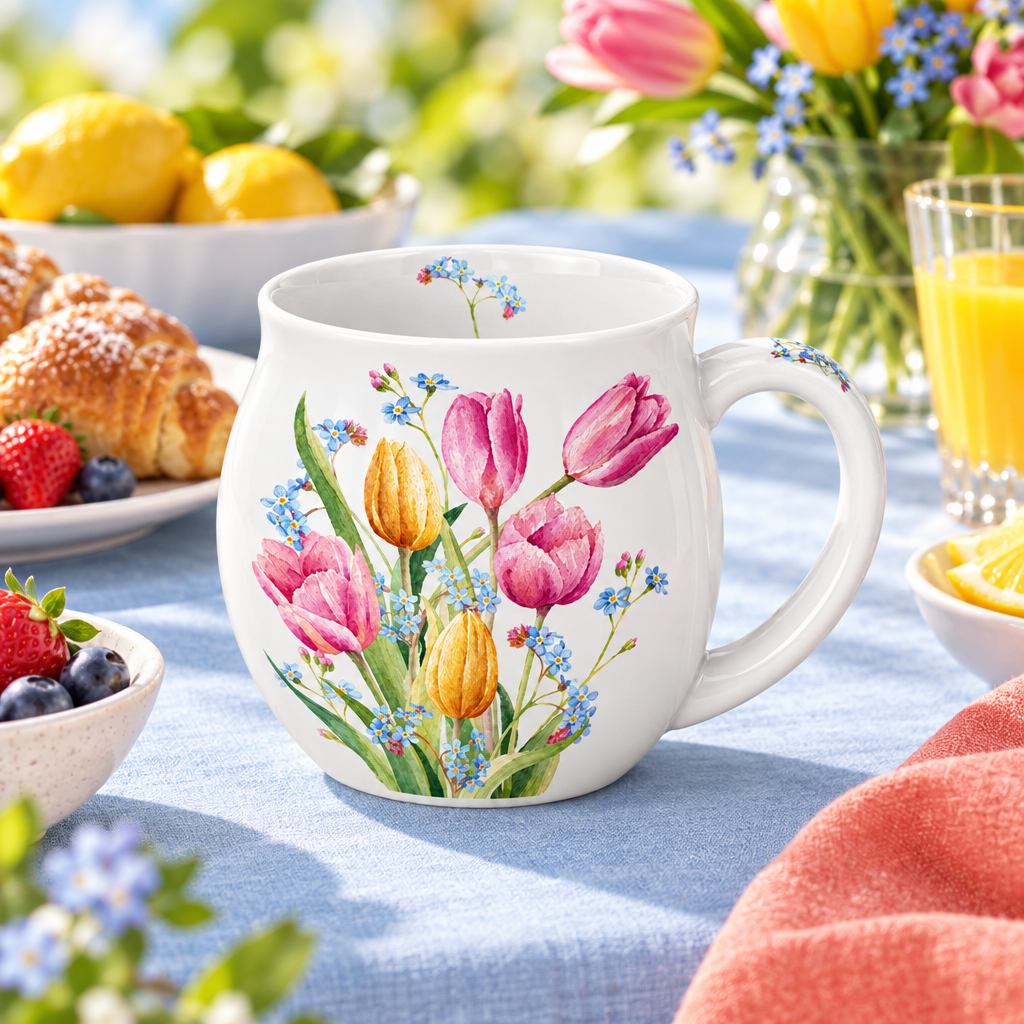 Tulip mug concept on a colorful spring breakfast table