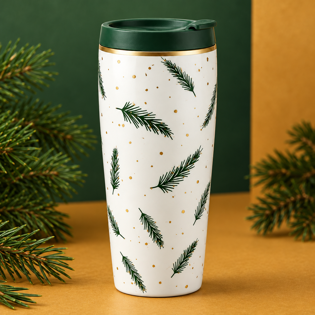 Close-up of green pine branches and gold-colored details