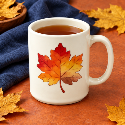 Angled overhead view of maple leaf mug with colorful autumn styling